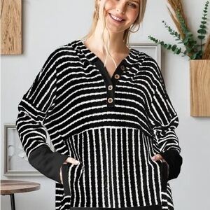 HEIMISH USA Black and White Striped Hoodie Sweatshirt